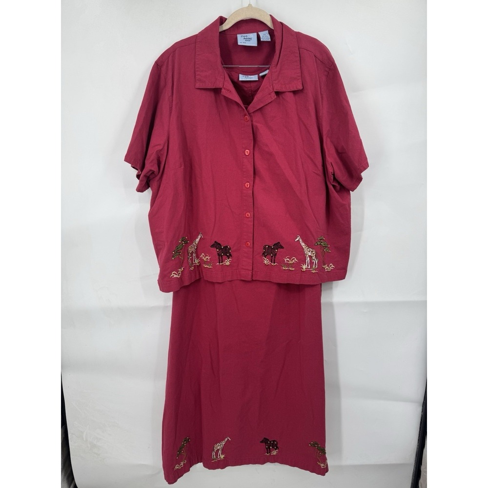 VTG Jane Ashley African Animal Embroidered Dress And Top Set Women 2X Red Safari